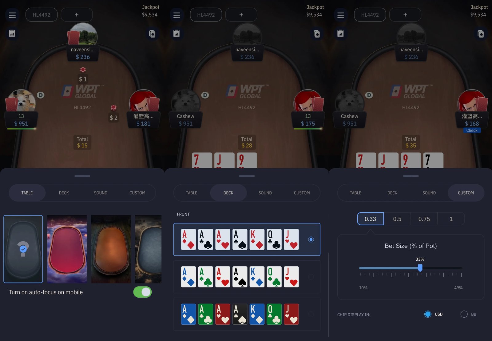 WPT Global mobile poker table customization options