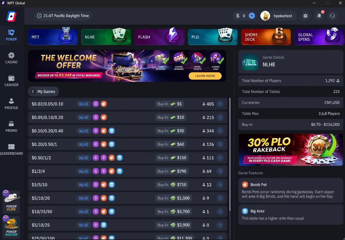 WPT Global desktop poker app client home page