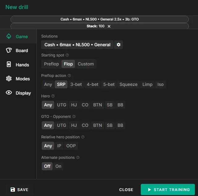 Settings for GTO Wizard's AI Trainer Tool