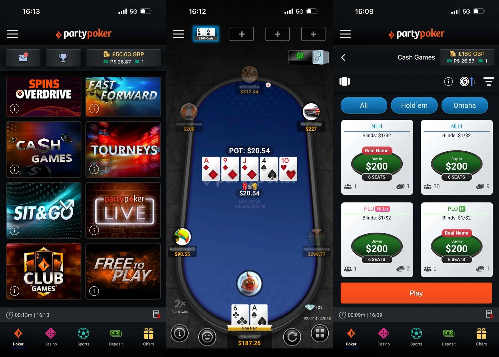 PartyPoker Mobile app layout
