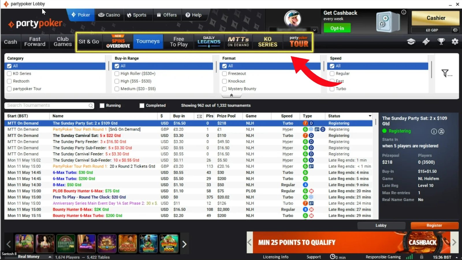 PartyPoker UK desktop client navigation to tournaments section guide