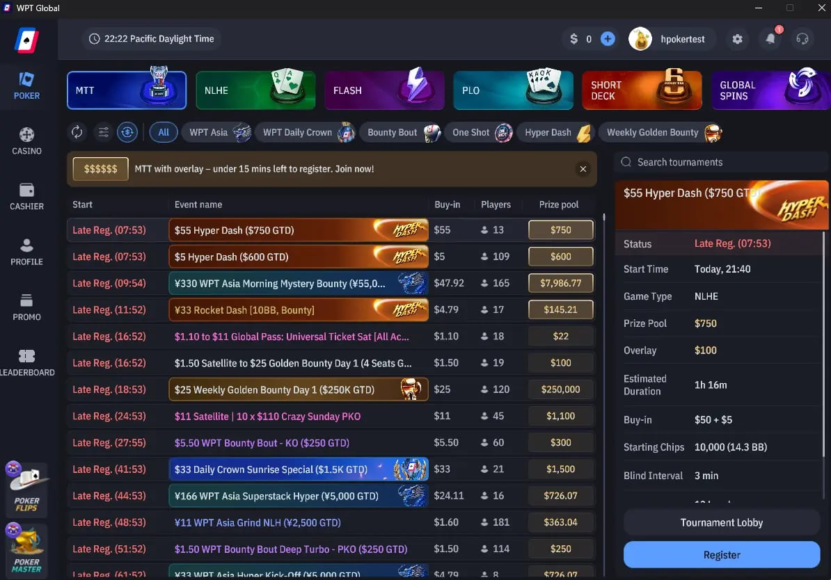 How to navigate to tournaments section on WPT Global desktop app