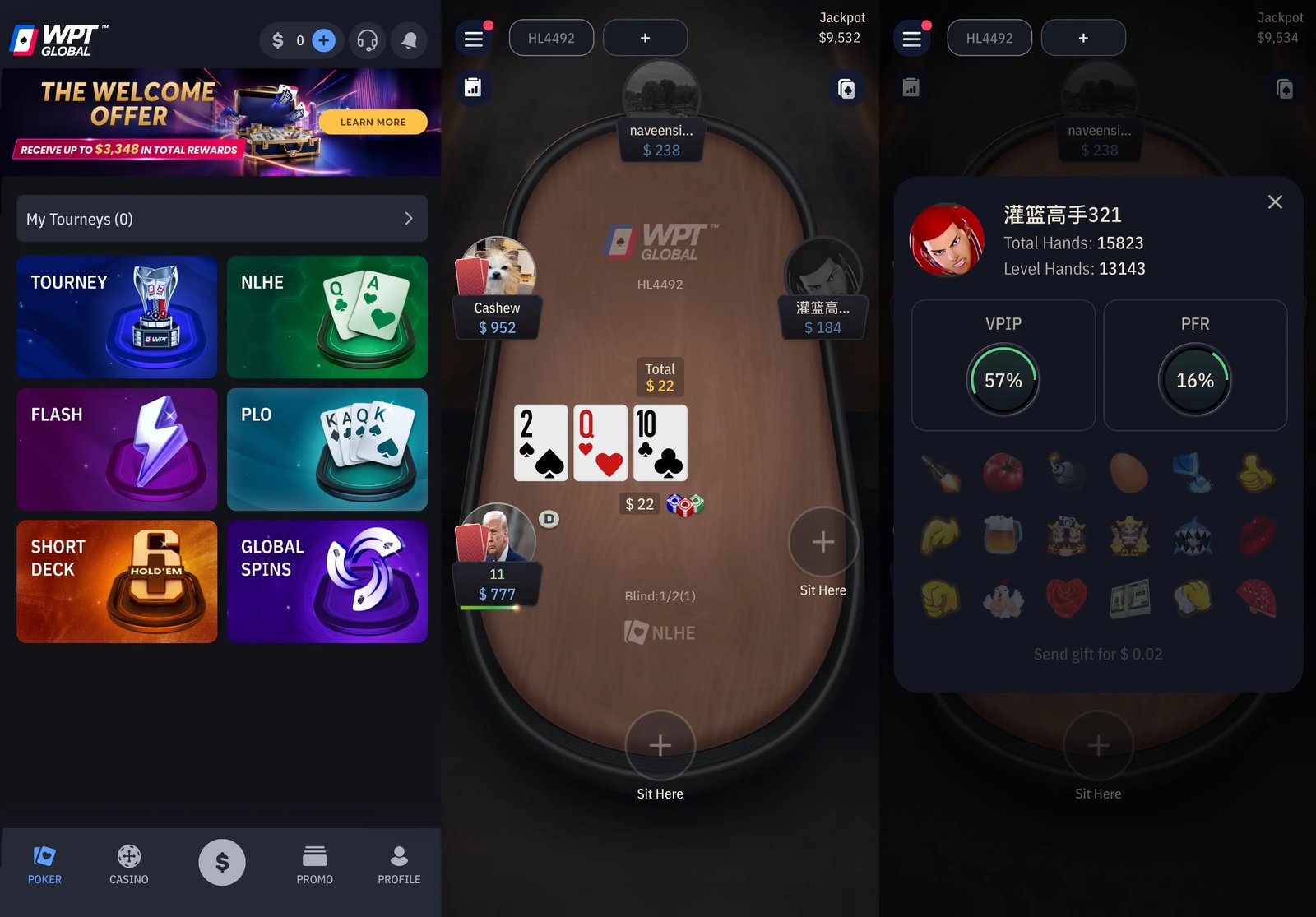 Side by side image of WPT Global iOS mobile poker app