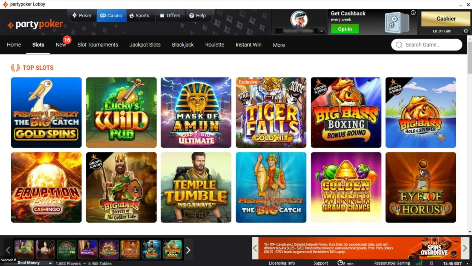 PartyPoker UK slot options