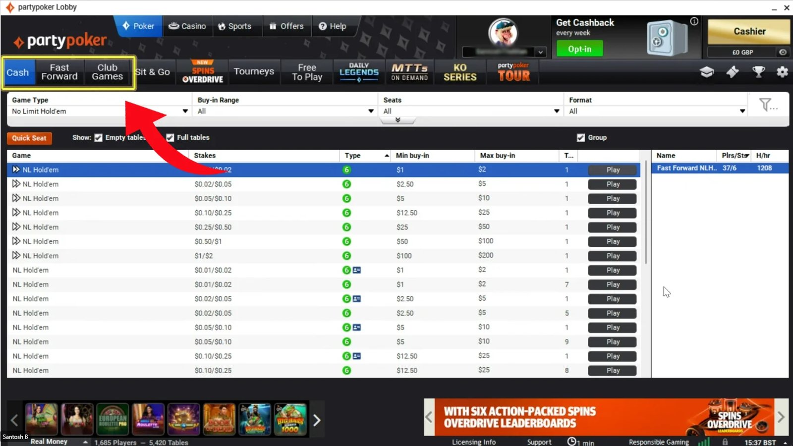 PartyPoker UK desktop client navigation to cash games guide