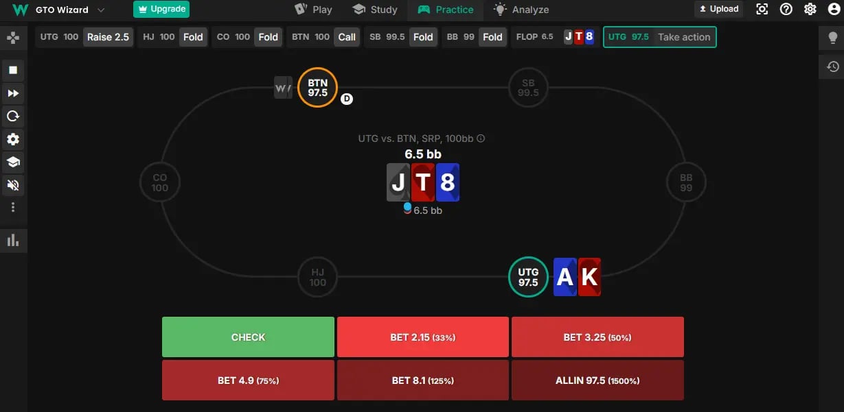 Train poker hands versus AI computer with real-time feedback on your performance.