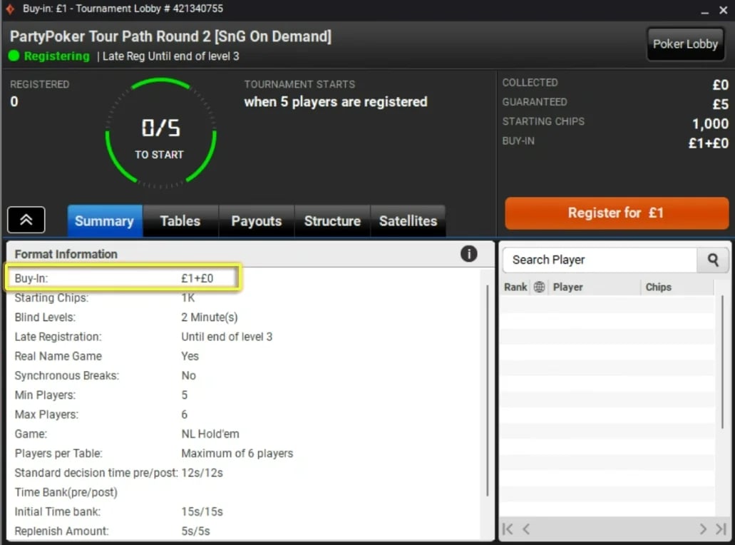 PartyPoker UK tournament view page